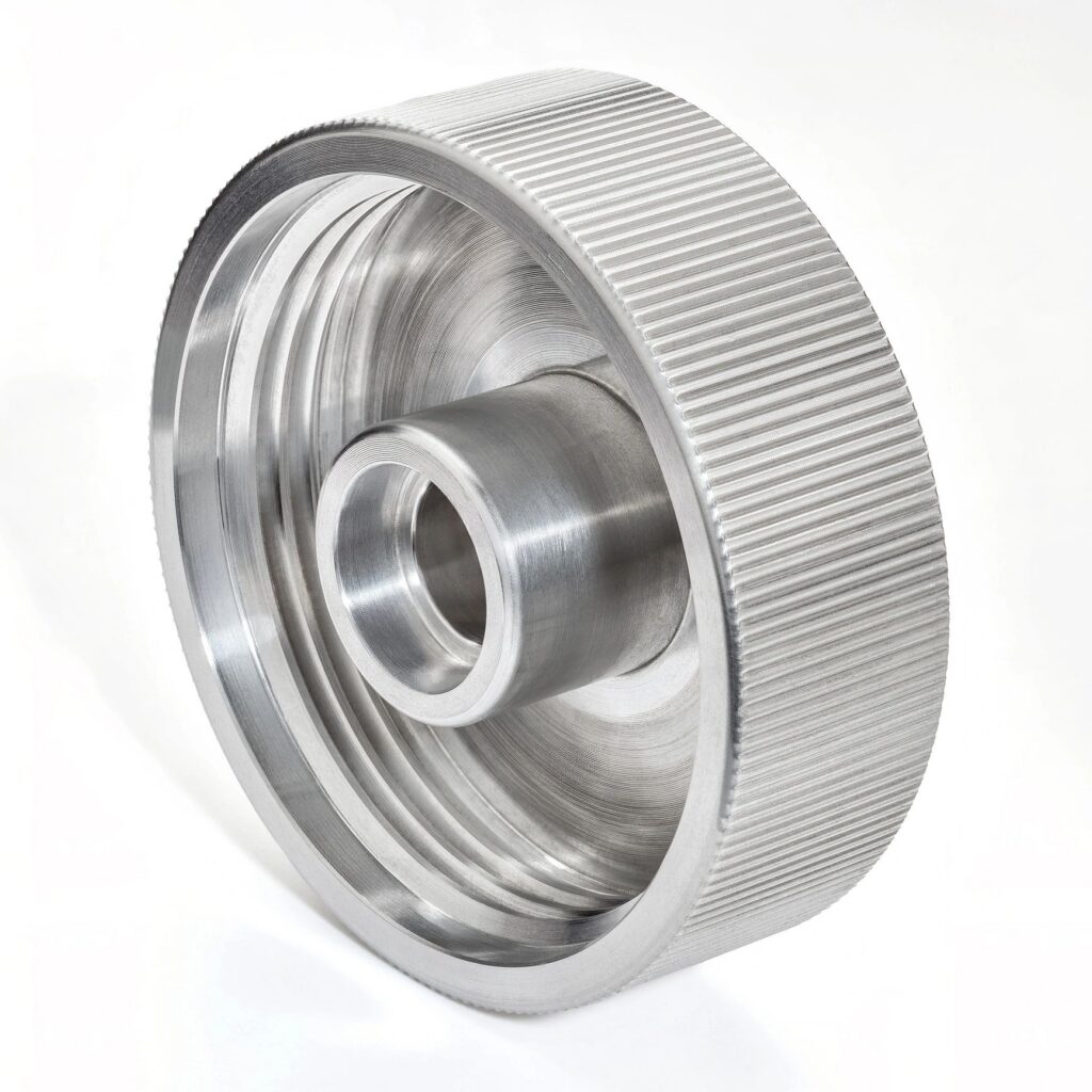 Machined aluminum threaded cap with knurled grip edge