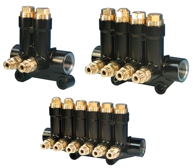 Black manifold valve assembly with brass fittings shown from multiple angles