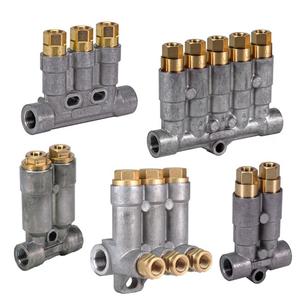 Industrial piston distributor manifold assembly with brass fittings shown in multiple views